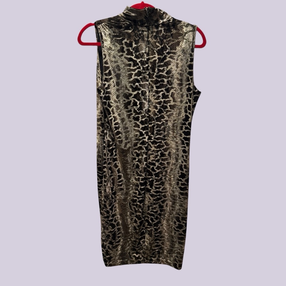 VTG Maggy London Gold and Olive Metallic Animal Print Midi Mock Neck Dress Sz 12 - Picture 4 of 7